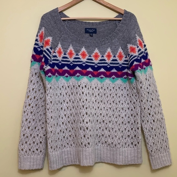 American Eagle Outfitters Sweaters - American Eagle Tribal Fair Isle Solid / Ooen Knit Boatneck Multicolor Sweater XL